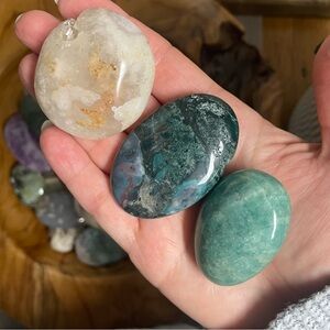 Set of Three Polished Crystal Palm Stones